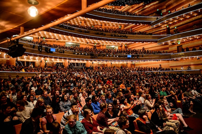 (Trent Nelson | The Salt Lake Tribune)
Students in the Hamilton Education Project, or EduHam, watch their fellow students perform for the cast of "Hamilton," at the Eccles Theater in Salt Lake City, Friday May 4, 2018.