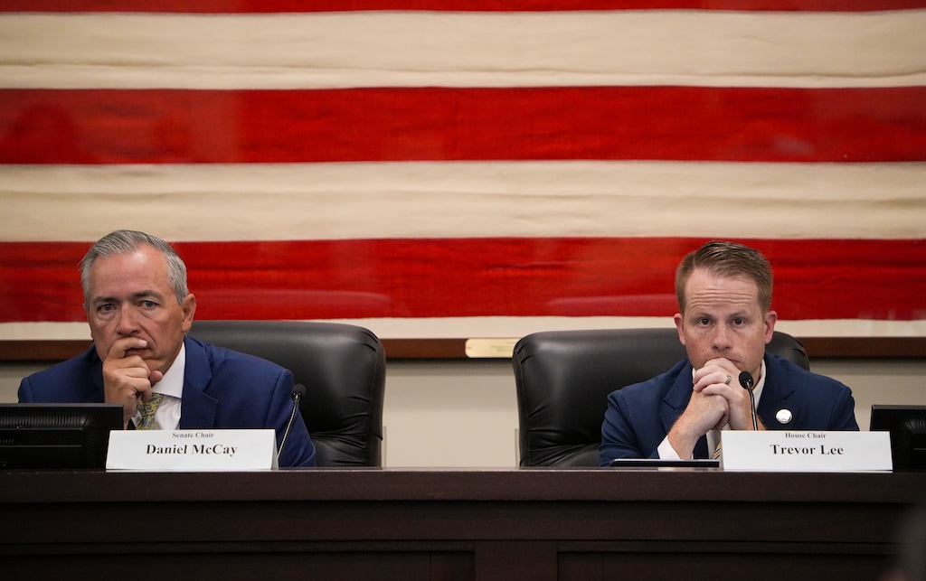 (Chris Samuels | The Salt Lake Tribune) Sen. Dan McCay, left, R-Riverton, and Rep. Trevor Lee, R-Layton, during a meeting of the Rules Review and General Oversight Committee at the Capitol in Salt Lake City, Thursday, Oct. 16, 2025.