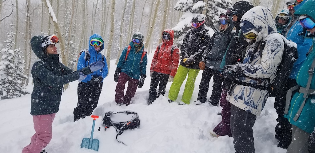 (Julie Jag | Salt Lake Tribune)
Professional backcountry skier Elyse Saugstad, left, teaches the art of probing and shoveling while making a rescue during an all-women avalanche clinic at Solitude Mountain Resort on Saturday, Jan. 11, 2020. Saugstad and fellow pro backcountry skiers Michelle Parker, Ingrid Backstrom, Jackie Paaso, Lel Tone and Reine Barkered sold out both days of their all-day SAFE AS clinics over the weekend. It was the first time they had brought the clinics to Utah since 2013.