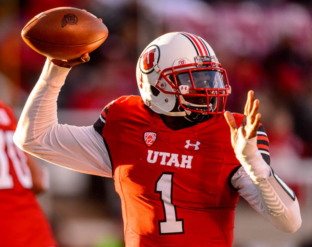 (Trent Nelson | The Salt Lake Tribune)  Utah Utes quarterback Tyler Huntley (1) as the University of Utah hosts Washington State, NCAA football in Salt Lake City, Saturday November 11, 2017.