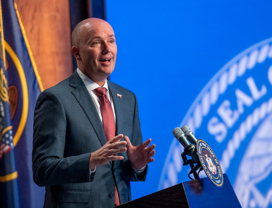 (Rick Egan | The Salt Lake Tribune) Gov. Spencer Cox speaks at his monthly news conference at the University of Utah on Thursday.