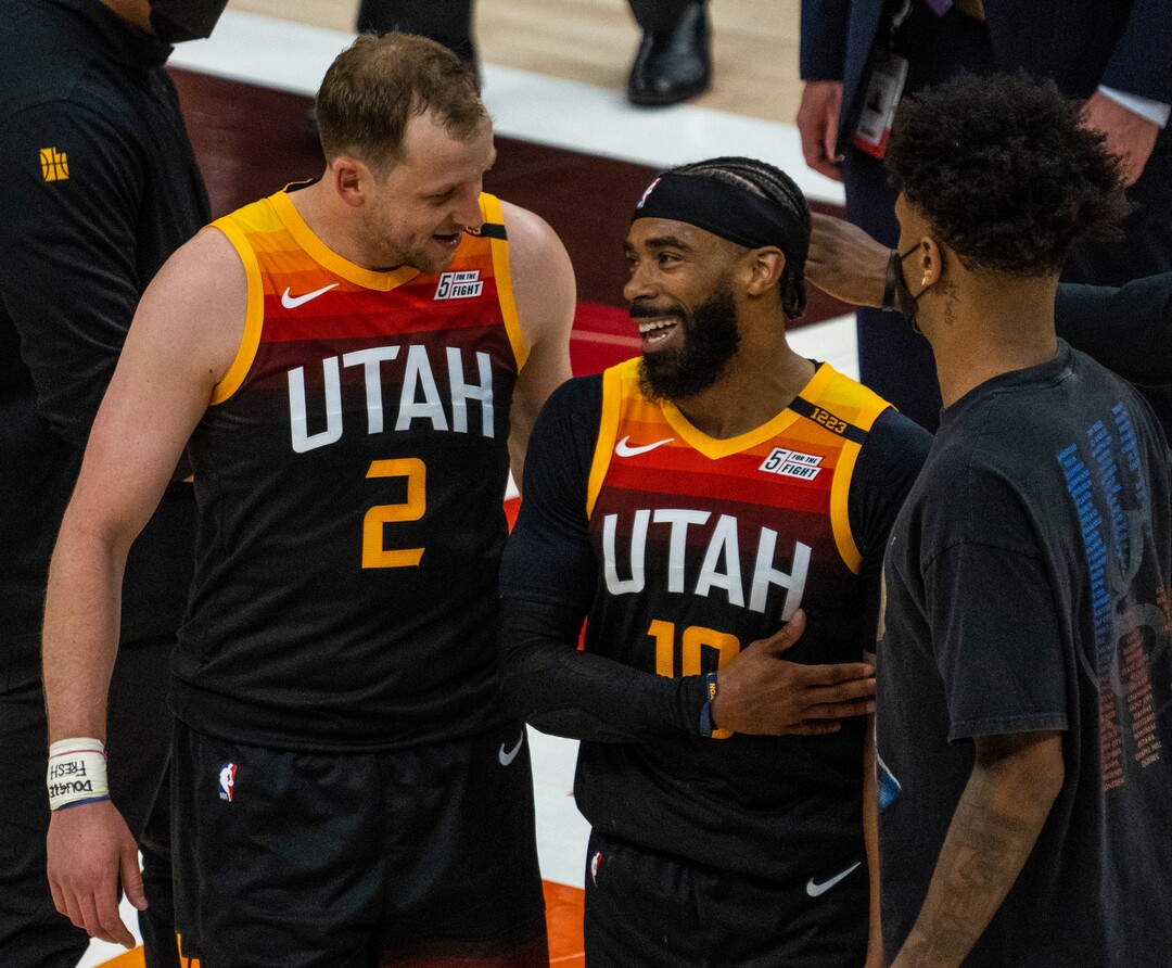 (Rick Egan | The Salt Lake Tribune) Utah Jazz guard Joe Ingles (2) shares a laugh with Utah Jazz guard Mike Conley (10), during a break in the action, in game 2 of NBA Playoffs at Vivint Arena, on Wednesday, May 26, 2021.