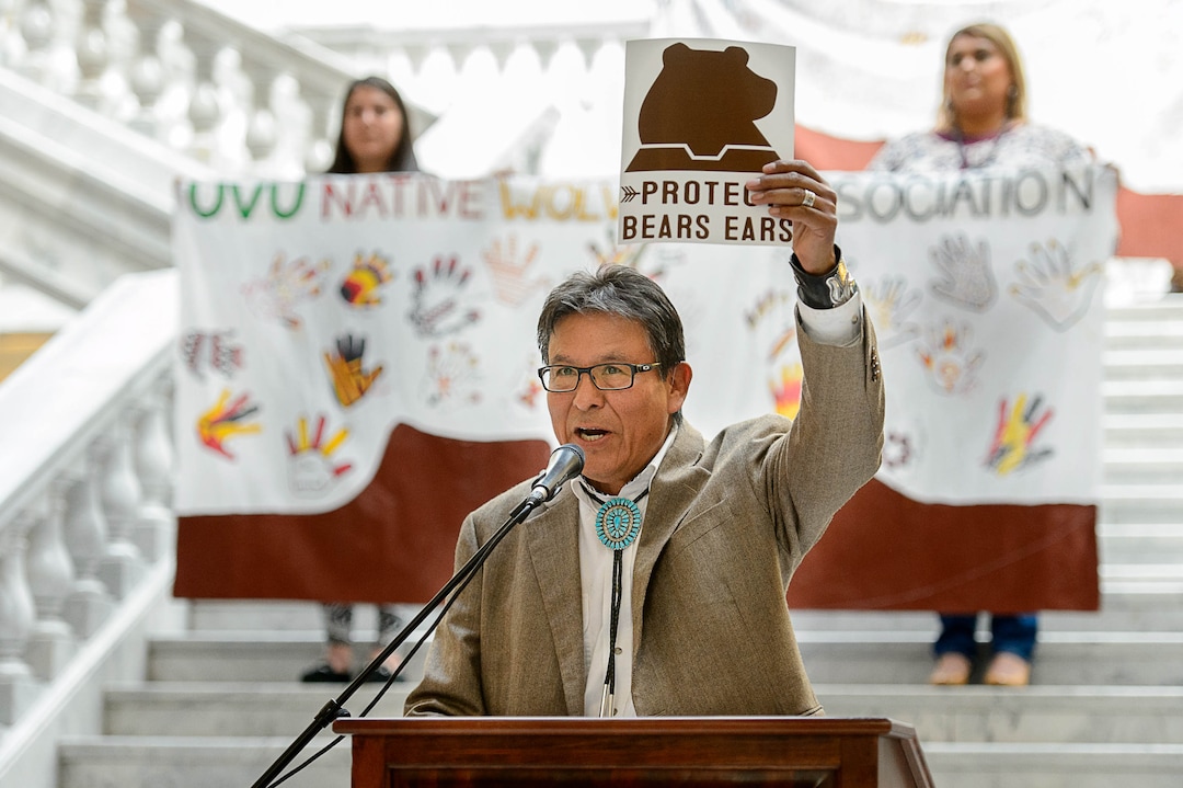 Trent Nelson  |  The Salt Lake TribuneMark Maryboy speaks as Utah Din Bikyah (UDB) and Tribal leaders stand in support of protecting the Bears Ears at a rally today in the Utah State Capitol Rotunda in Salt Lake City, Wednesday May 18, 2016. Attendees at the rally called for President Obama to protect sacred sites and honor ancestral lands by designating Bears Ears National Monument.