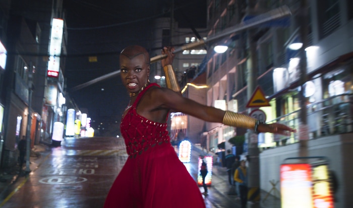 This image released by Disney shows Danai Gurira in a scene from Marvel Studios' "Black Panther." (Marvel Studios-Disney via AP)