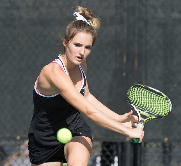 (Rick Egan  |  The Salt Lake Tribune) Mackenzie Turley, Davis High, plays Daniella Aaron, Lone Peak, in the 6A High School tennis championship game.  Turley defeated Aaron to place first in the #1 singles Friday, October 6, 2017.


