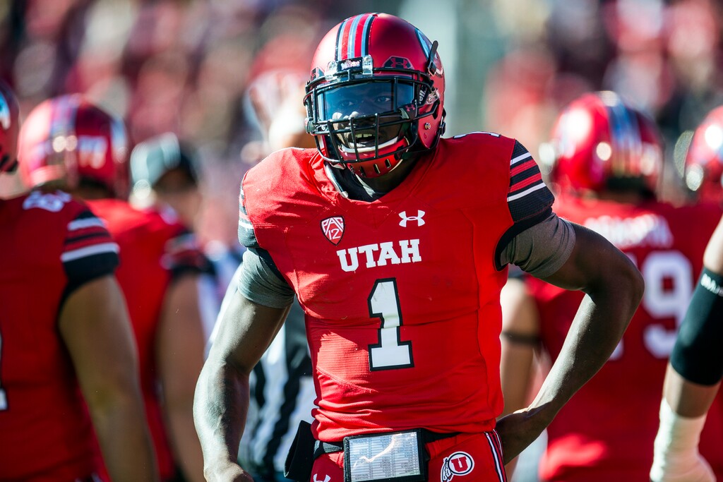 (Chris Detrick  |  The Salt Lake Tribune)  Utah Utes quarterback Tyler Huntley (1) during the game at Rice-Eccles Stadium Saturday, October 21, 2017. 