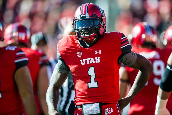 (Chris Detrick  |  The Salt Lake Tribune)  Utah Utes quarterback Tyler Huntley (1) during the game at Rice-Eccles Stadium Saturday, October 21, 2017. 