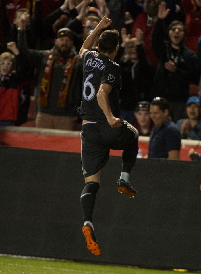 (Rick Egan  |  The Salt Lake Tribune)     Real midfielder Damir Kreilach (6) celebrates after scoring a goal for Salt Lake, in MLS soccer action, between Real Salt Lake and Colorado Rapids,  at Rio Tinto Stadium, Saturday, April 21, 2018.


