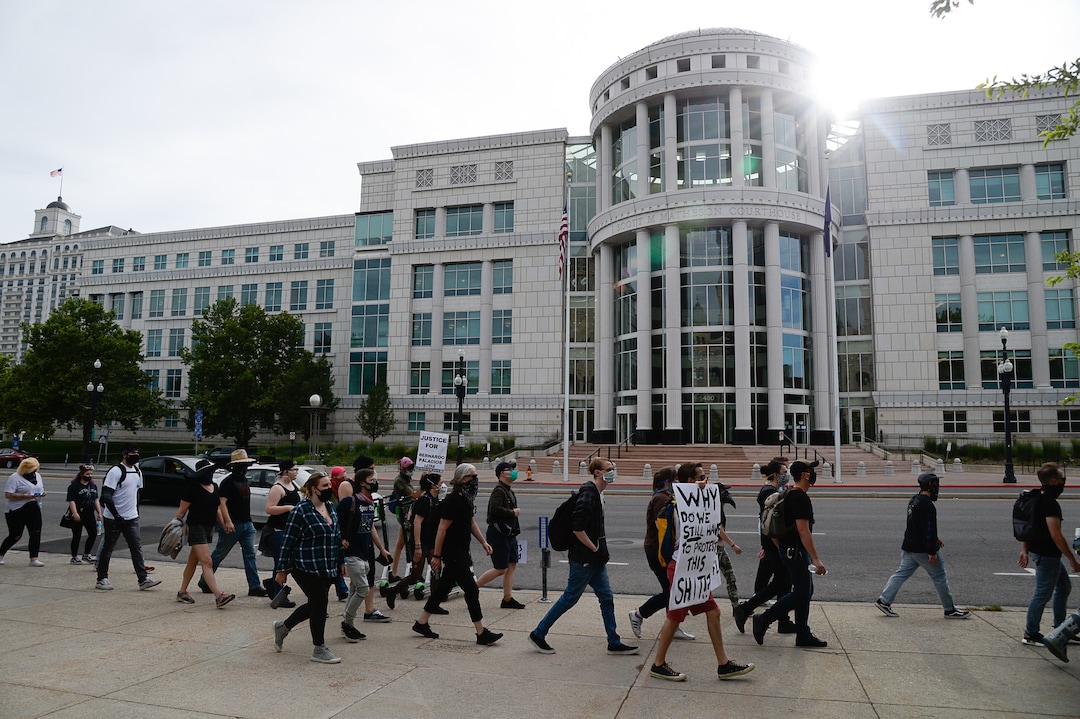 (Francisco Kjolseth  |  The Salt Lake Tribune) Demonstrators protest against police brutality on Tuesday, June 2, 2020, in downtown Salt Lake City, as an 8 p.m. weeklong curfew remains in order.