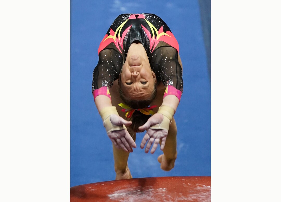 (Rick Egan | The Salt Lake Tribune) Maile O'Keefe competes the vault for Utah, in PAC-12 gymnastics action Utah vs Arizona, at the Huntsman Center on Saturday, Jan. 23, 2021.