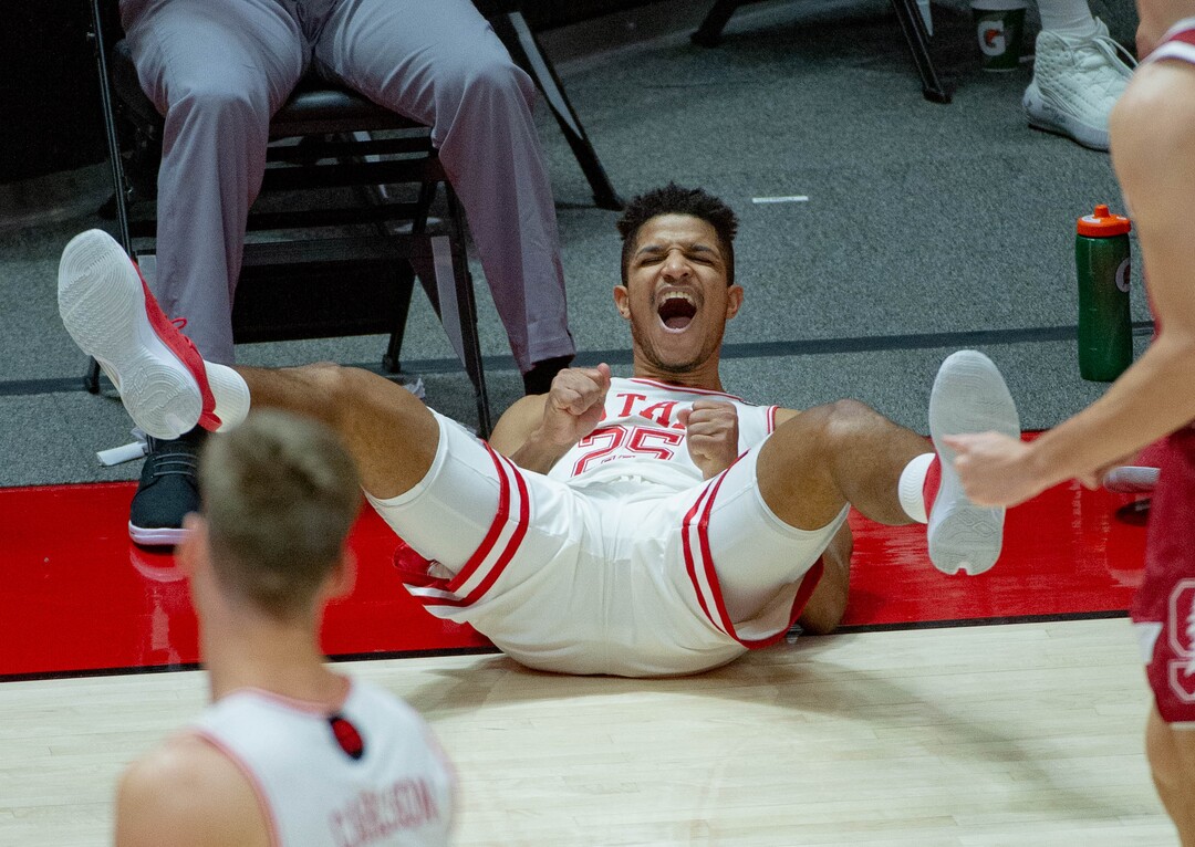 (Francisco Kjolseth  | The Salt Lake Tribune) Utah Utes guard Alfonso Plummer (25) celebrates a three pointer as the Utes host the Stanford Cardinals on Thursday, Jan. 14, 2021 at the Jon M. Huntsman Center in Salt Lake City.