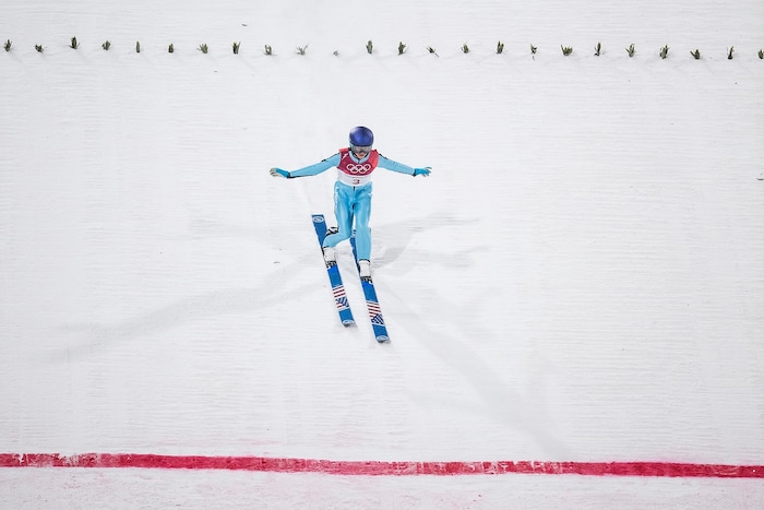 (Chris Detrick  |  The Salt Lake Tribune)  USA's Sarah Hendrickson competes in the Ladies' Normal Hill Individual at the Alpensia Ski Jumping during the Pyeongchang 2018 Winter Olympics Monday, February 12, 2018.  Hendrickson finished in 19th place with a total of 160.6.