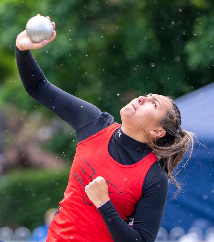 (Rick Egan | The Salt Lake Tribune)  Julieana tsosie places first in the Girls 1A shot-put, at the Utah High School State Track Meet, at BYU on Friday, May 20, 2022.
