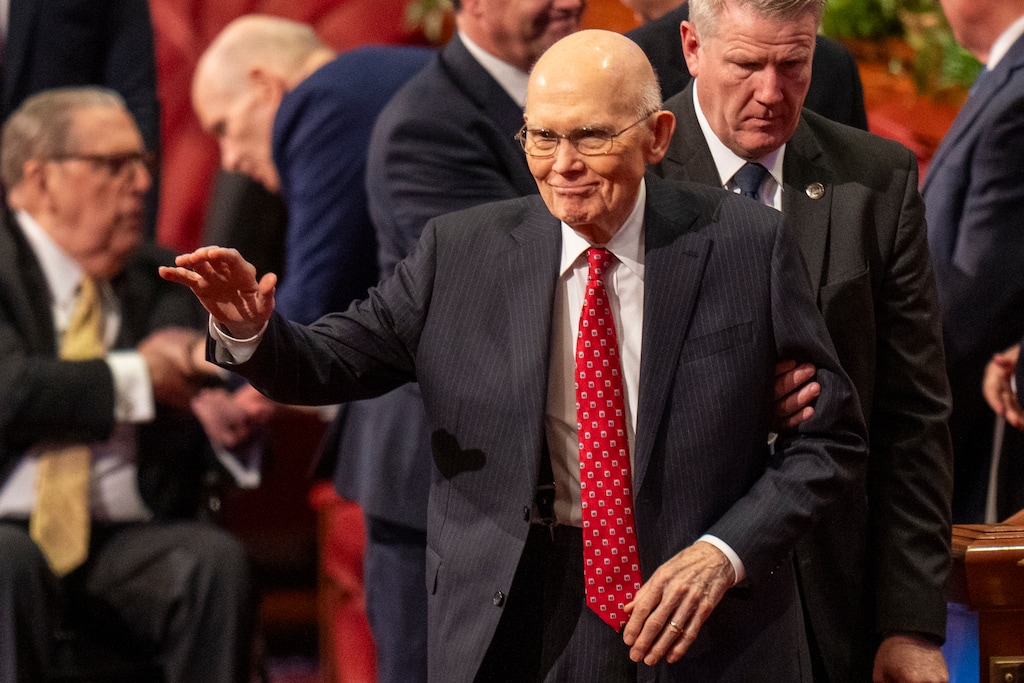 (Rick Egan | The Salt Lake Tribune) President Dallin Oaks waves to the audience as he leaves the stand after the morning session of General Conference in April. The 93-year-old is almost certain to take up the mantle of president following Nelson's death.