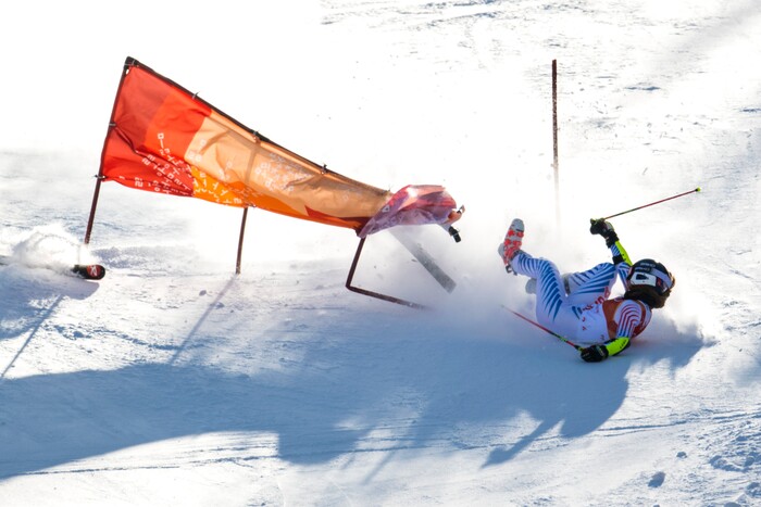 (Chris Detrick  |  The Salt Lake Tribune)  USA's Patricia Mangan crashes while competing in the Ladies' Giant Slalom at Yongpyong Alpine Centre during the Pyeongchang 2018 Winter Olympics Thursday, Feb. 15, 2018.  