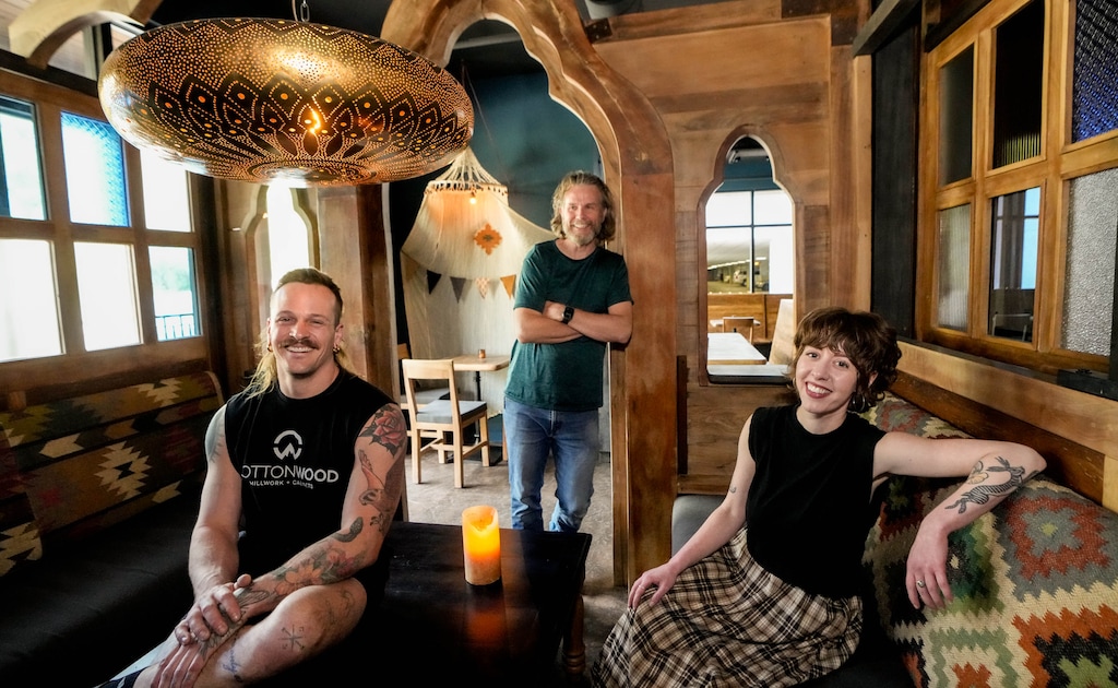 (Francisco Kjolseth | The Salt Lake Tribune) Alex Burlison, Michael Dodd and Mac Wallace, from left, are pictured inside one of the pagoda rooms at The Yeti, a Himalayan-themed bar in Cottonwood Heights, Wednesday, April 8, 2026.