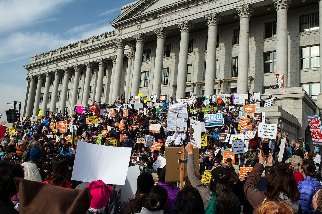 (Chris Detrick  |  The Salt Lake Tribune) Supporters of the Bears Ears and Grand Staircase-Escalante National Monuments rally at the Utah State Capitol Saturday, December 2, 2017.  