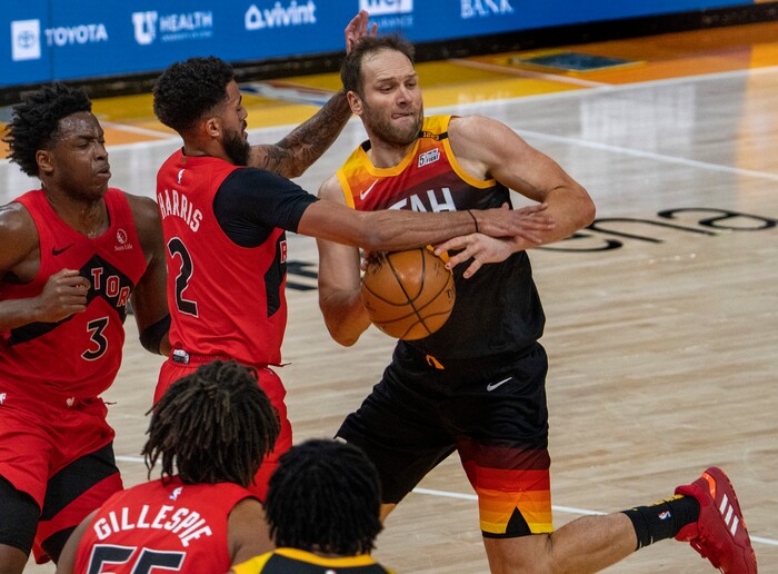 (Rick Egan | The Salt Lake Tribune) Utah Jazz forward Bojan Bogdanovic (44) takes the ball up the middle, as Toronto Raptors guard Jalen Harris (2) defends, in NBA action between the Utah Jazz and the Toronto Raptors at Vivint Arena, on Saturday, May 1, 2021.