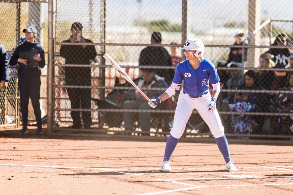 Photo courtesy of Jaren Wilkey, BYU photo | BYU junior outfielder Rylee Jensen has emerged as one of the top college softball players in the country. Jensen was named national player of the week in early April after collecting 10 straight hits.