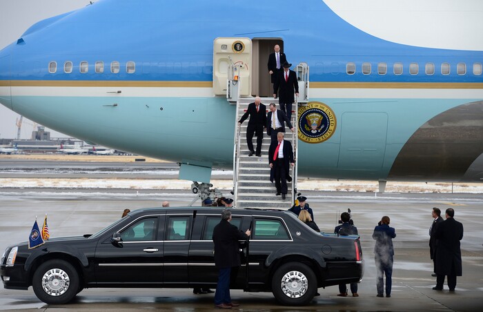 (Scott Sommerdorf   |  The Salt Lake Tribune)   President Trump arrives in Salt Lake City after the arrival of Air Force One at the Ronald R Wright National Air Guard Base, Monday, December 4, 2017.  