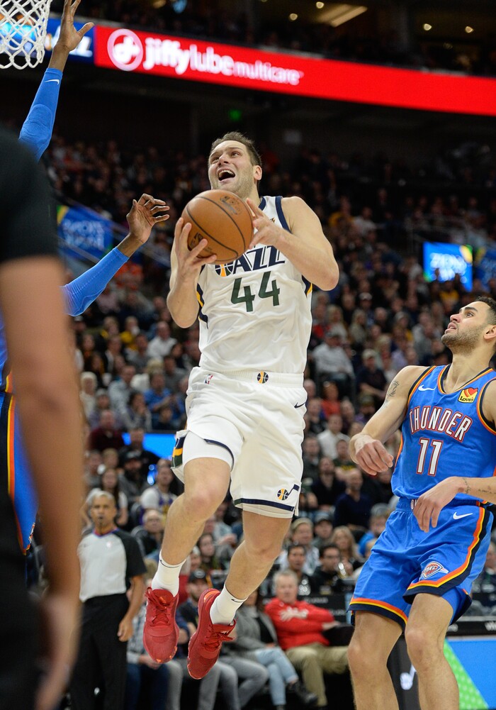 (Francisco Kjolseth  |  The Salt Lake Tribune)  Utah Jazz forward Bojan Bogdanovic (44) pushes through as the Utah Jazz host the Oklahoma City Thunder in their NBA basketball game at Vivint Smart Home Arena in Salt Lake City on Mon. Dec. 9, 2019.