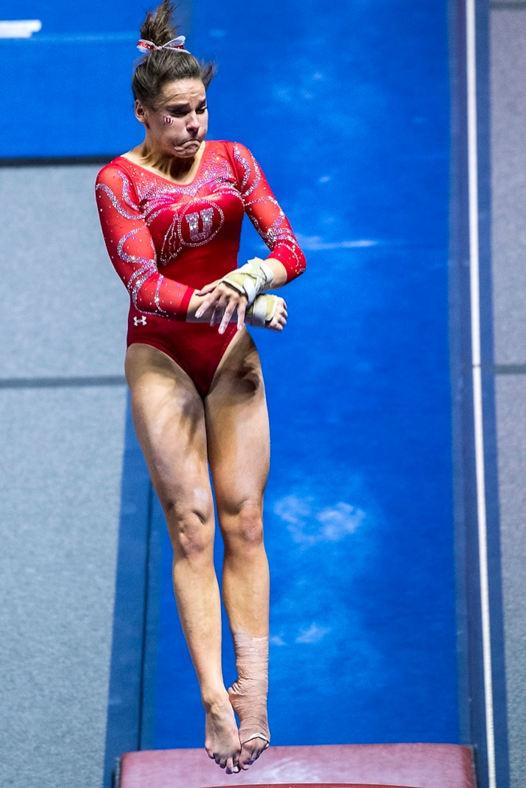 (Chris Detrick  |  The Salt Lake Tribune)  Utah's Missy Reinstadtler competes on the vault during the gymnastics meet against Brigham Young University Friday, January 5, 2018.  