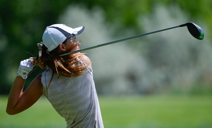 (Francisco Kjolseth  |  The Salt Lake Tribune)  Lauren Taylor of Lone Peak drives her ball on the last hole on day two of the Class 6A girls' golf state tournament at Meadow Brook Golf Course in Taylorsville on Tuesday, May 15, 2018. Taylor finished one stroke behind Tess Blair of Bingham for the individual title but propelled her team to a first place finish. 