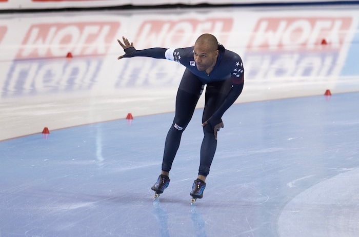 (Scott Sommerdorf | The Salt Lake Tribune)
Shani Davis of the USA, waves to supporters in the crowd after he skated a 1:07.67 time in the men's 1000 meter race at the long-track speedskating World Cup at the Kearns Olympic Oval, Sunday, December 10, 2017. Davis finished in 12th place.