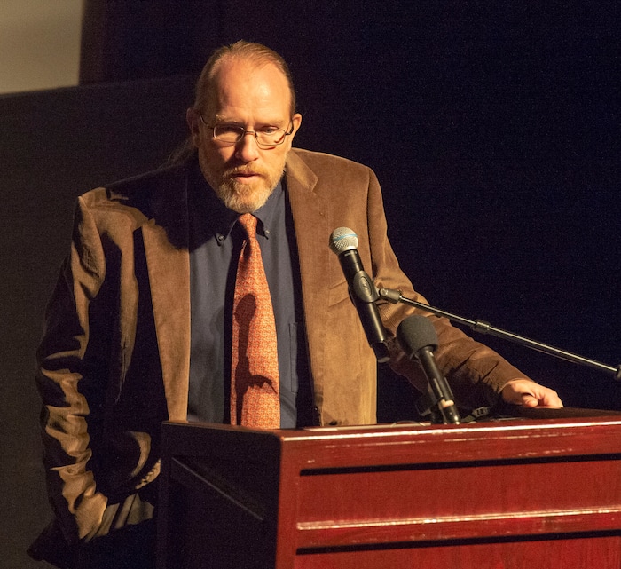 (Rick Egan  |  The Salt Lake Tribune)      Glen Bailey, Executive Director of the Crossroads Urban Center, speaks at the memorial service for Robert "Archie" Archuleta, at the Rose Wagner Theatre, Saturday, March 2, 2019.


