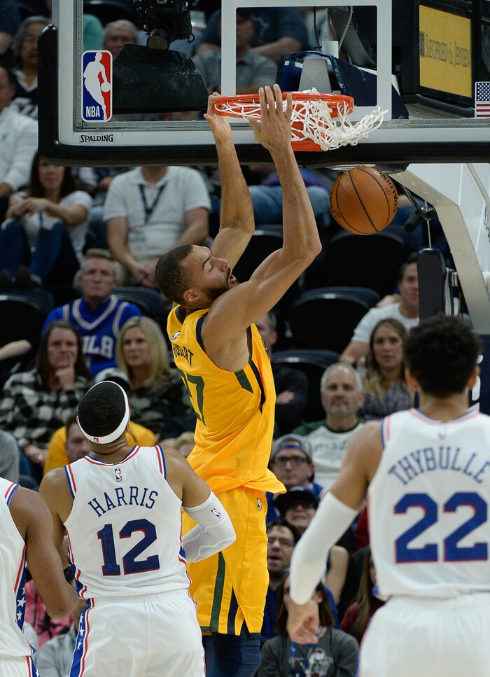 (Francisco Kjolseth  |  The Salt Lake Tribune)  Utah Jazz center Rudy Gobert (27) sinks one as the Utah Jazz host the Philadelphia 76ers in their NBA basketball game at Vivint Smart Home Arena in Salt Lake City on Wednesday, Nov. 6, 2019.