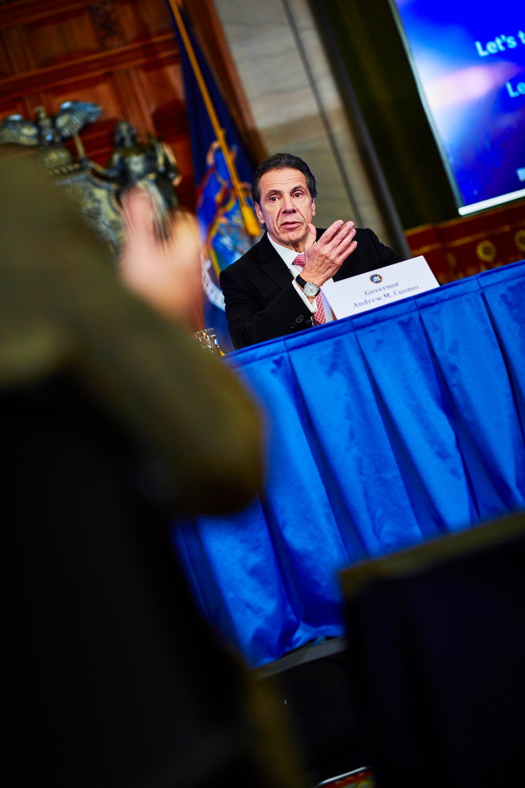 New York Gov. Andrew Cuomo addresses a news conference about the coronavirus, in Albany, N.Y., March 26, 2020. (Gabby Jones/The New York Times)