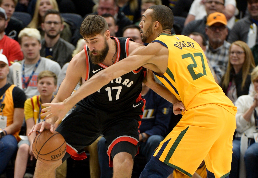 Leah Hogsten  |  The Salt Lake Tribune  Utah Jazz center Rudy Gobert (27) pressures Toronto Raptors center Jonas Valanciunas (17)as the Utah Jazz host the Toronto Raptors, Monday, Nov. 5, 2018 at  Vivint Smart Home Arena.