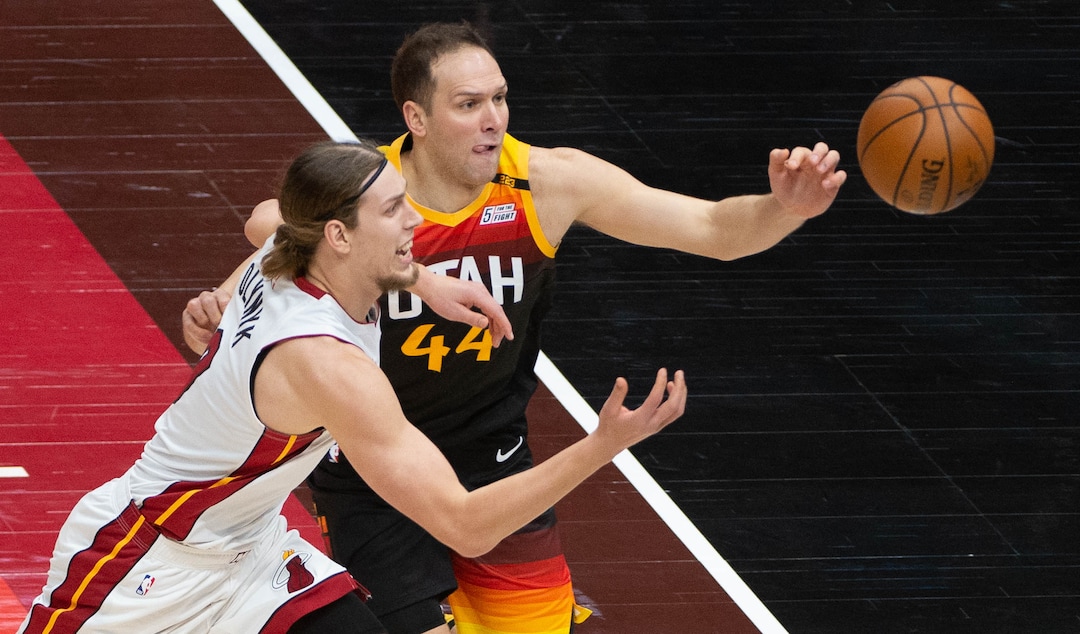 (Francisco Kjolseth  | The Salt Lake Tribune) Miami Heat forward Kelly Olynyk (9) battles Utah Jazz forward Bojan Bogdanovic (44) as the Utah Jazz take on the Miami Heat at Vivint Smart Home Arena in Salt Lake City, on Saturday, Feb. 13, 2021.