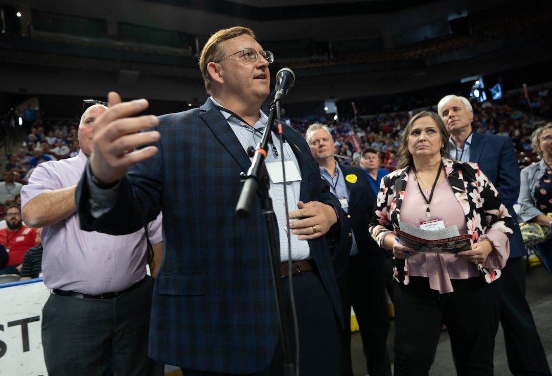 (Francisco Kjolseth | The Salt Lake Tribune) GOP delegate Don Guymon brings forward a resolution to censure Romney during the Utah GOP Convention on Saturday, May 1, 2021, in West Valley City. Despite booing Sen. Romney earlier in the day Republicans narrowly rejected the motion.