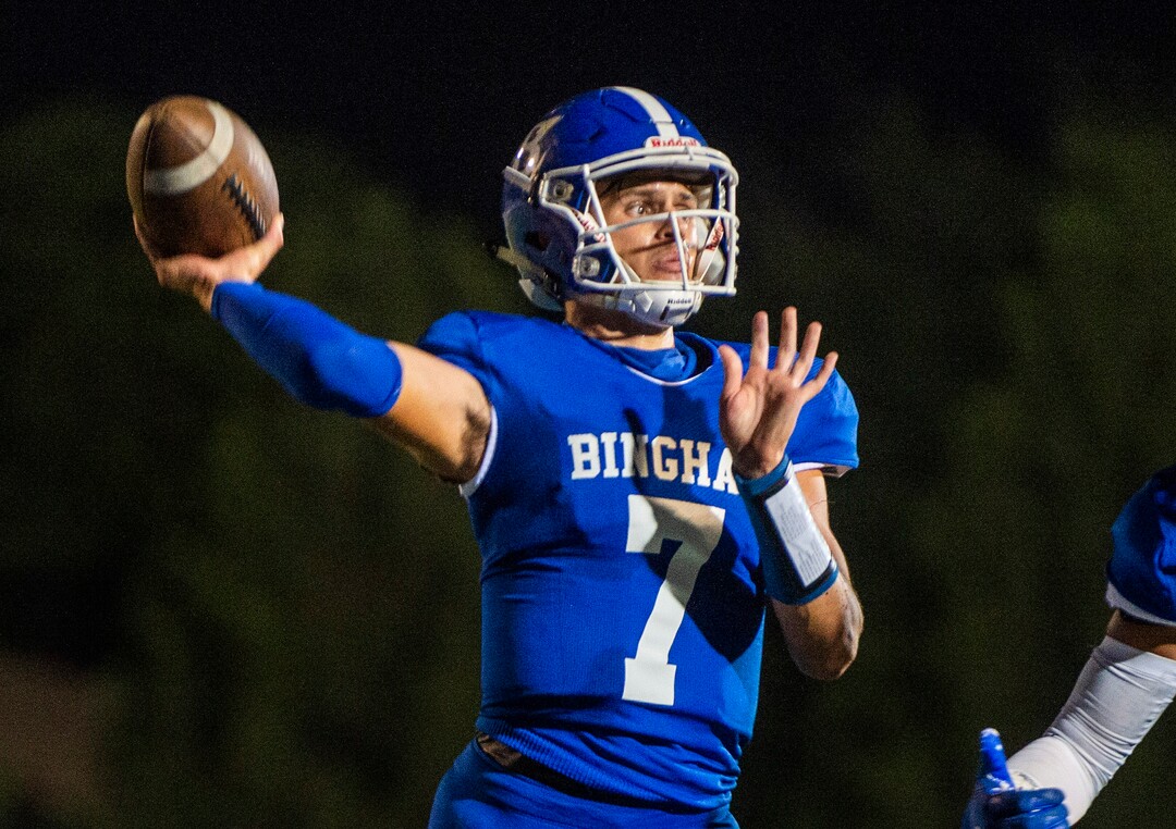 (Rick Egan  |  The Salt Lake Tribune)     Bingham quarterback Troy Mehn throws down field, in prep action between the Bingham Miners and the Corner Canyon Chargers, at Bingham High onFriday, Aug. 28, 2020.
