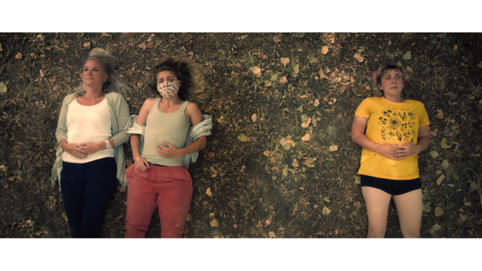 (Decal) Sisters Erin (Julia Jolley, left), Blake (Mallory Everton, center) and Jamie (Whitney Call) share a stressful moment during the early days of the COVID-19 pandemic, in the comedy "Stop and Go," which Call and Everton wrote, and Everton and Stephen Meek (Call's husband) directed.