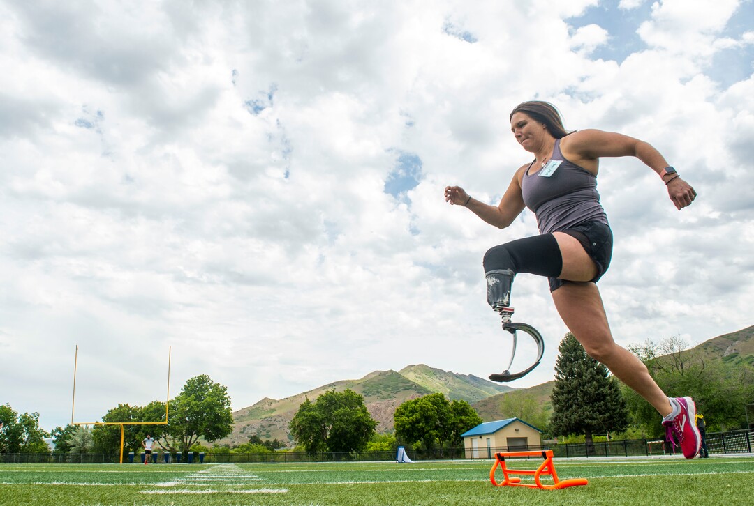 (Rick Egan  |  The Salt Lake Tribune)     Pam Hennessy, from South Jordan, runs an obstacle course, during the fourth annual Utah Adaptive Mobility Clinic at Skyline High school. The clinic allows anyone with "lower extremity limb loss or limb difference" or amputees without legs, to practice walking and running. Saturday, June 1, 2019.