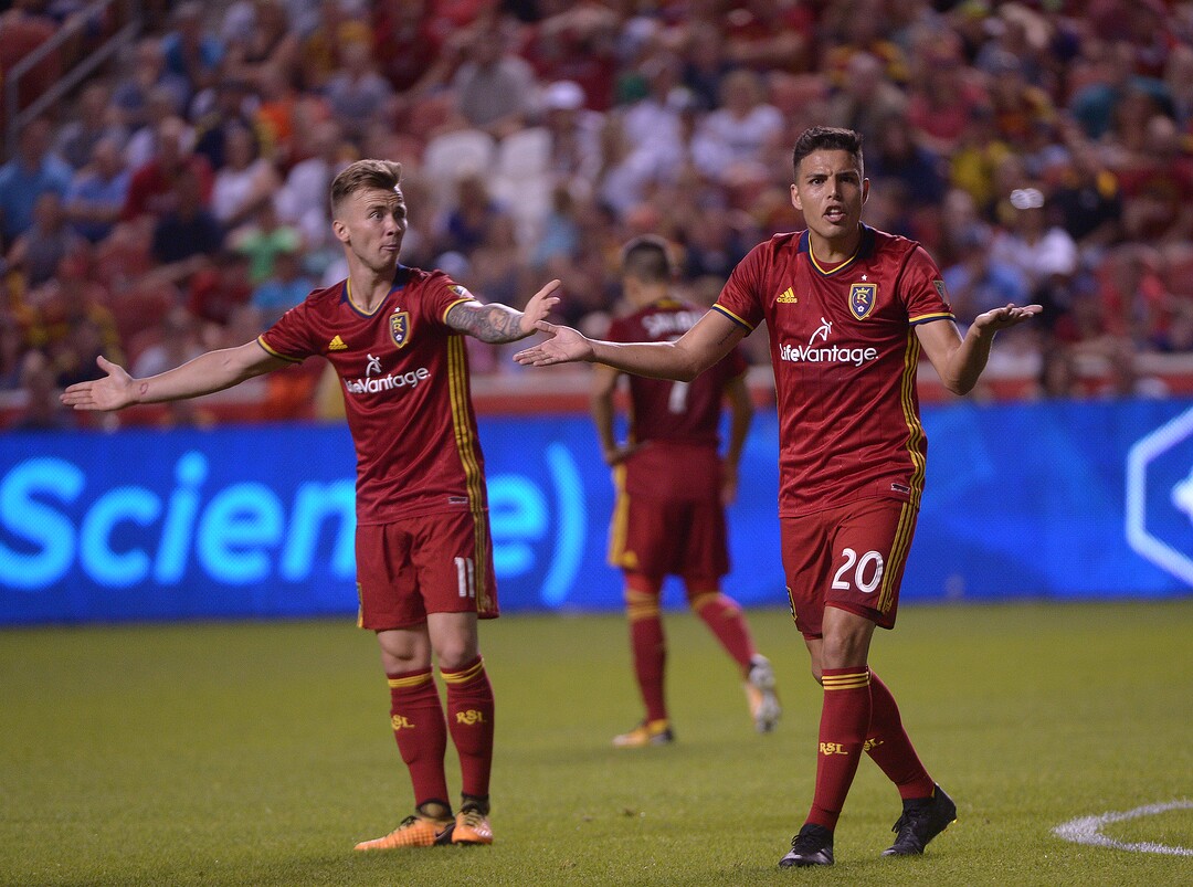 (Leah Hogsten  |  The Salt Lake Tribune)  Real Salt Lake midfielder Albert Rusnak (11) and Real Salt Lake midfielder Luis Silva (20) protest an offside call resulting in no goal.  Real Salt Lake are 2-0 against the Colorado Rapids for the Rocky Mountain Cup at Rio Tinto Stadium, Saturday, August 26, 2017. 