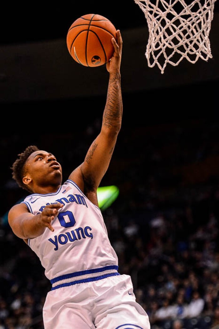 (Trent Nelson | The Salt Lake Tribune)   Brigham Young Cougars guard Jahshire Hardnett (0) shoots as BYU hosts San Diego, NCAA basketball in Provo Saturday January 20, 2018.