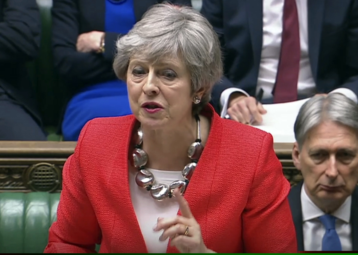 (House of Commons | PA | The Associated Press) In this grab taken from video, Britain''s Prime Minister Theresa May speaks during the Brexit debate in the House of Commons, London, Tuesday March 12, 2019.  Britain's attorney general punctured Prime Minister Theresa May's hopes of winning backing for her Brexit deal Tuesday, saying last-minute changes secured from the European Union didn't give Britain the power to cut itself free of ties to the bloc.