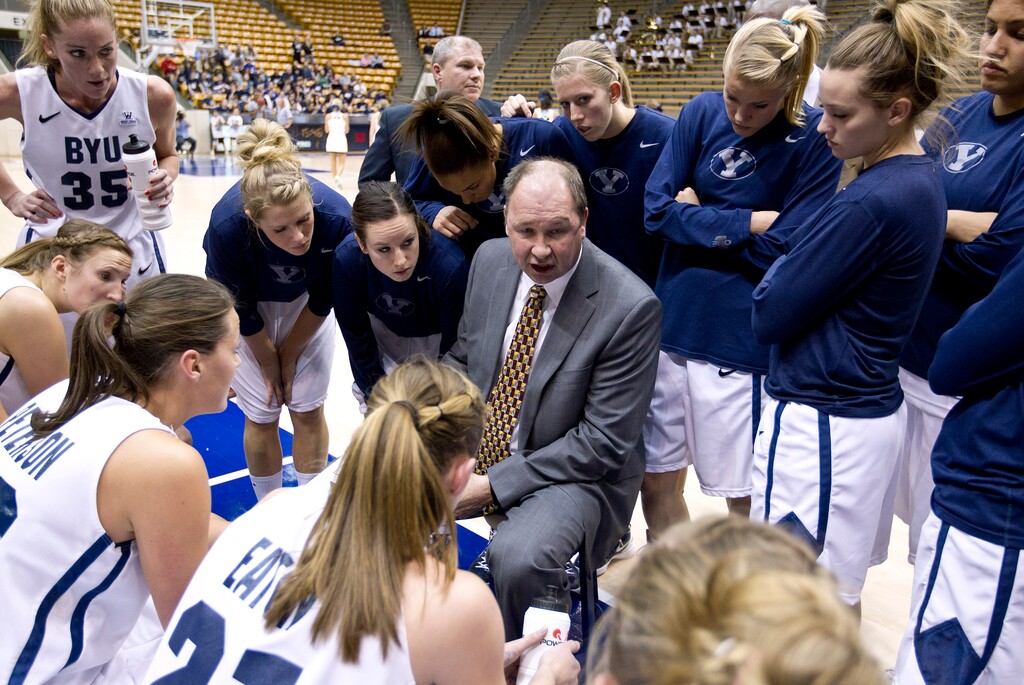 (Photo by Jaren Wilkey | BYU) BYU Women's Basketball head coach Jeff Judkins during a timeout against Pepperdine in 2012. After more than 20 years in Provo, Judkins announced his retirement Thursday.