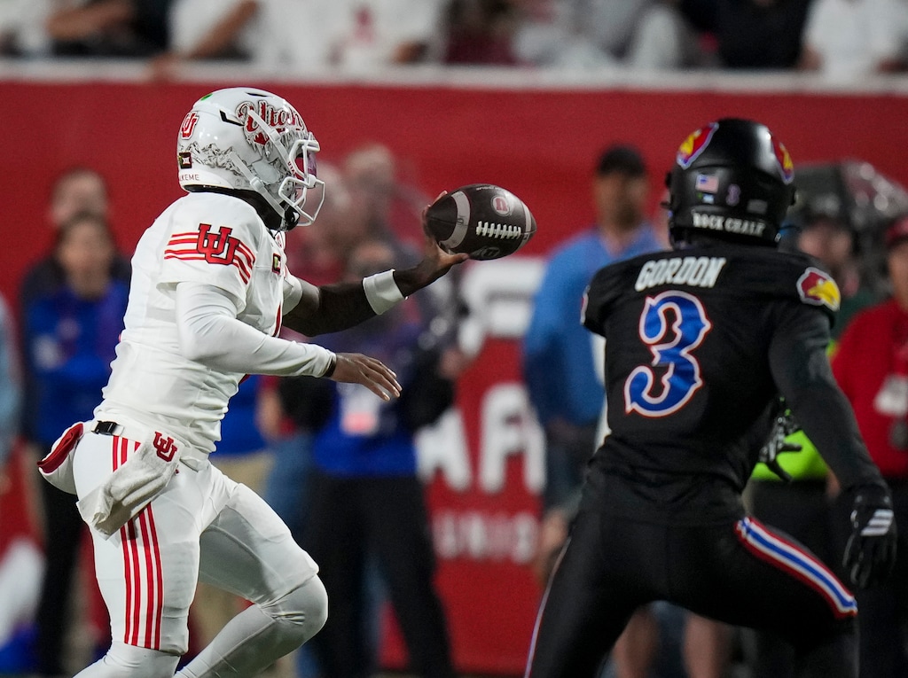 (Bethany Baker  |  The Salt Lake Tribune) Utah Utes quarterback Devon Dampier (4) illegally throws the football during the game between the Utah Utes and the Kansas Jayhawks at Rice-Eccles Stadium in Salt Lake City on Saturday, Oct. 10, 2026.