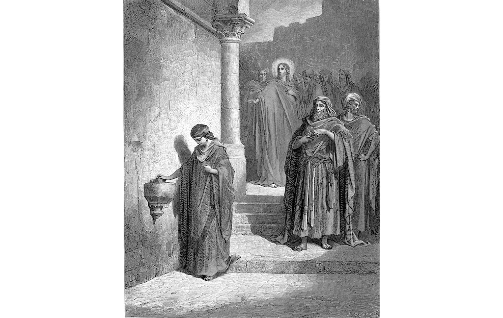 (Gustave Doré via Emory University Pitts Theology Library) "The Widow's Mite," depicting a scene from the New Testament. The Widow's Mite Report, which tracks finances in The Church of Jesus Christ of Latter-day Saints, draws its name from this biblical story.