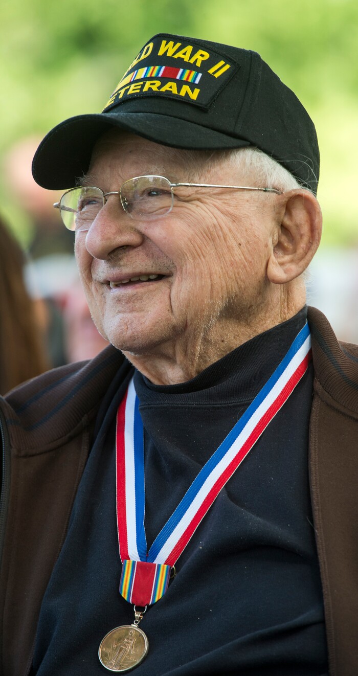 (Rick Egan  |  The Salt Lake Tribune)      
World War II Veteran, Ted Stathakis, listens to the program at the Fort Douglas Cemetery,  Monday, May 28, 2018.


