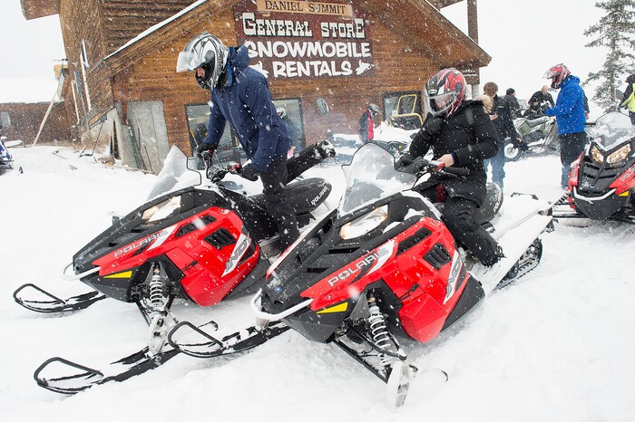 (Scott Sommerdorf   |  The Salt Lake Tribune)   
The Varvell family visiting from Connecticut rented snowmobiles at Daniel Summit Saturday, December 23, 2017. While the number of snowmobile licenses in Utah is declining, trail usage is up dramatically.  