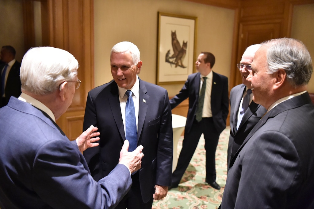 (Photo courtesy of The Church of Jesus Christ of Latter-day Saints)
Apostles M. Russell Ballard. left, and Ronald A. Rasband, right, along with general authority Seventy Jack N. Gerard, second from right, meet with U.S. Vice President Mike Pence in Salt Lake City on Thursday, Aug. 22, 2019.
