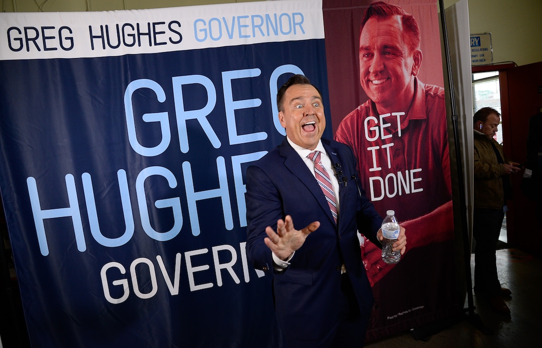 (Francisco Kjolseth | The Salt Lake Tribune) Former House Speaker Greg Hughes becomes animated as he speaks with the media announcing his campaign for governor at Dee's Automotive in Murray on Wednesday, Jan. 8, 2020.