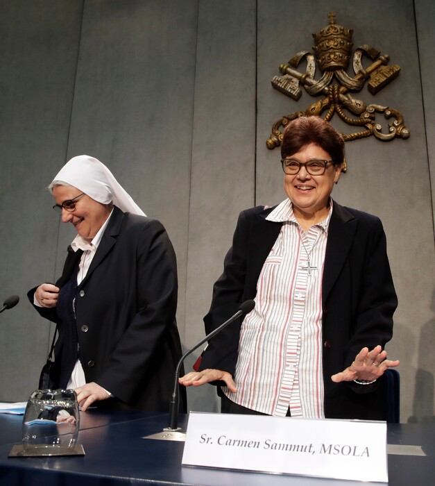 (AP Photo/Alessandra Tarantino) Sister Carmen Sammut, right, leader of the International Union of Superiors General, and Donatella Zoia, Superior General of the Sisters of the Most Precious Blood, arrive for a press conference at the Vatican, Thursday, May 2, 2019. Sammut says religious sisters are increasingly speaking out about sexual and other forms of abuse by clergy and says their superiors must be better trained to understand the problem and respond.