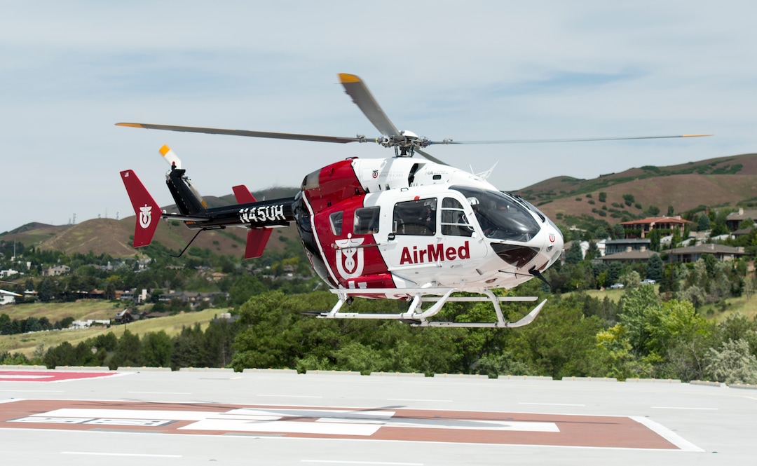 (Rick Egan  |  The Salt Lake Tribune)       An AirMed helicopter takes off from the helipad at the University of Utah. The University of Utah serves the single biggest geographic area of any academic medical center in the United States.  
Thursday, May 31, 2018.