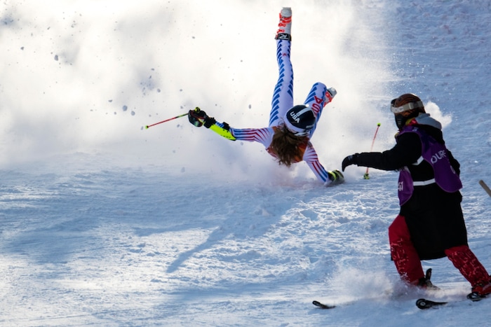(Chris Detrick  |  The Salt Lake Tribune)  USA's Patricia Mangan crashes while competing in the Ladies' Giant Slalom at Yongpyong Alpine Centre during the Pyeongchang 2018 Winter Olympics Thursday, Feb. 15, 2018.  